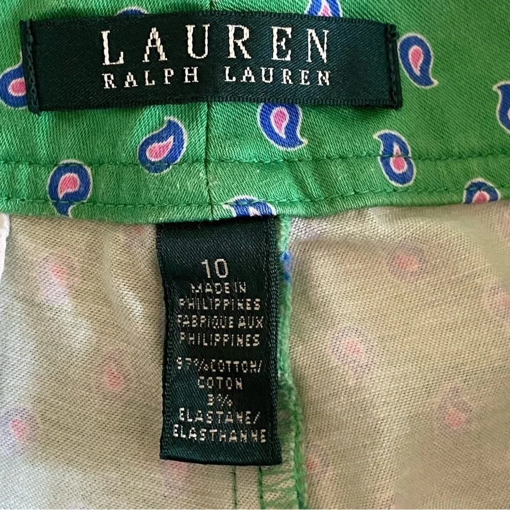 Lauren Ralph Lauren Sz 10 Flat Front Shorts Green Paisley Preppy Old Money